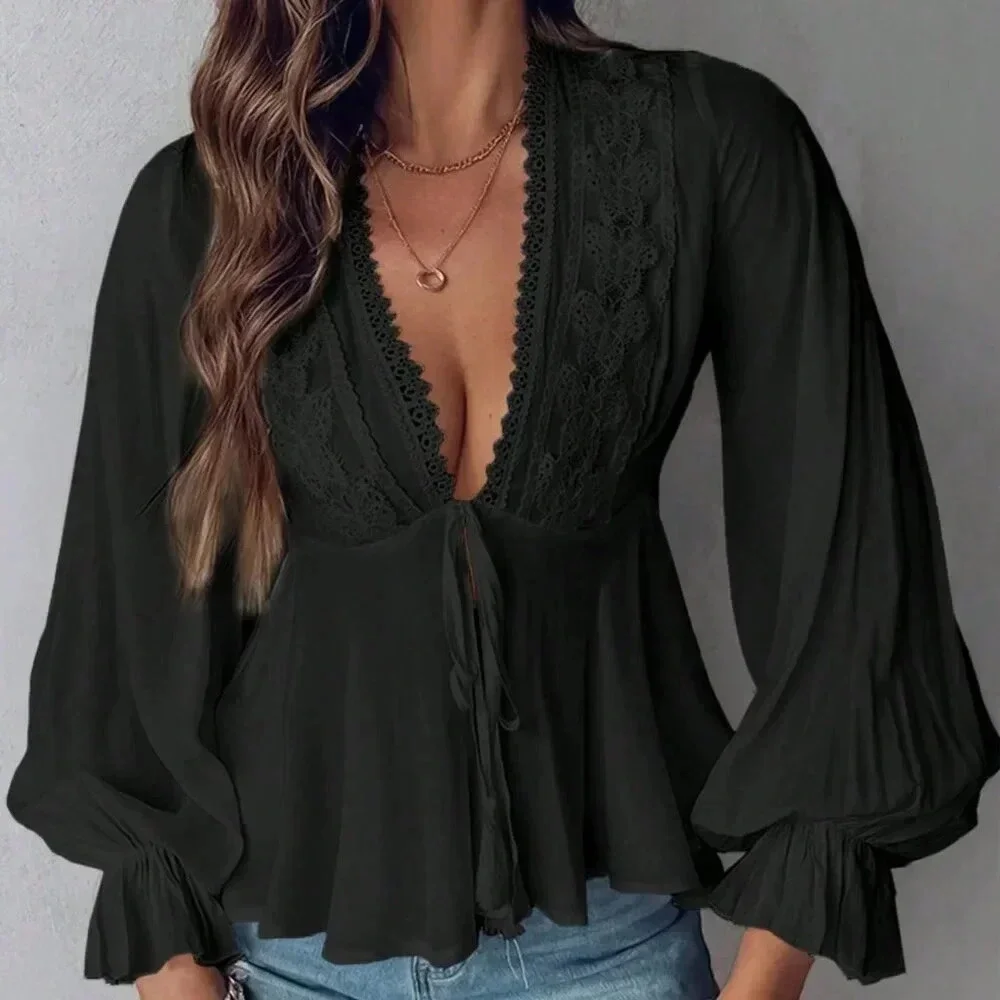 Black Boho Women's Casual Lace Patchwork Ruffle Sleeve Blouse